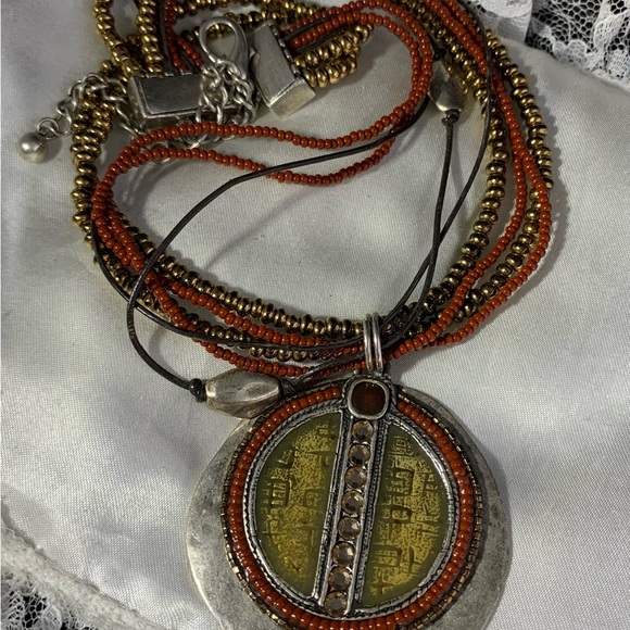 Chico's Red Rust and Gold Multi Strand Rhinestone Pendant Necklace - Picture 2 of 4